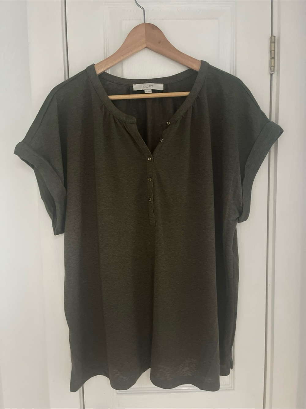 LOFT Dark Olive Short Sleeve Henley Blouse